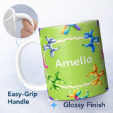 Personalized Custom Name Balloon Dog Seamless Pattern Green Background Colorful Party Design 11oz Ceramic Coffee Tea Mug White Large Handle