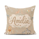 Custom Name Cute Safari Animals Lion Zebra Parrot Seamless Beige Square Filled Cushion Throw Pillow Sofa Bed Home Decor Zip Washable UK Made