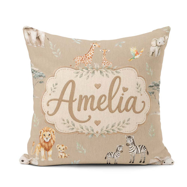 Custom Name Cute Safari Animals Lion Zebra Parrot Seamless Beige Square Filled Cushion Throw Pillow Sofa Bed Home Decor Zip Washable UK Made