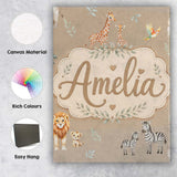 Personalised Name Cute Safari Animals Custom Modern Room Accent Creative Decorator Style Canvas Wall Art Print Decor Picture Ready to Hang