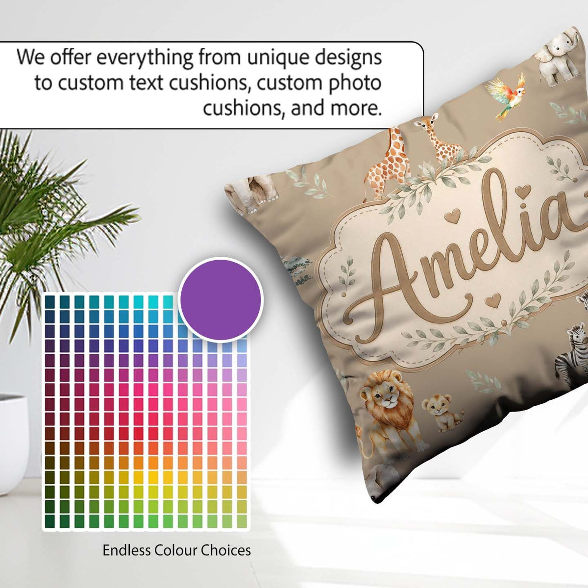 Custom Name Cute Safari Animals Lion Zebra Parrot Seamless Beige Square Filled Cushion Throw Pillow Sofa Bed Home Decor Zip Washable UK Made