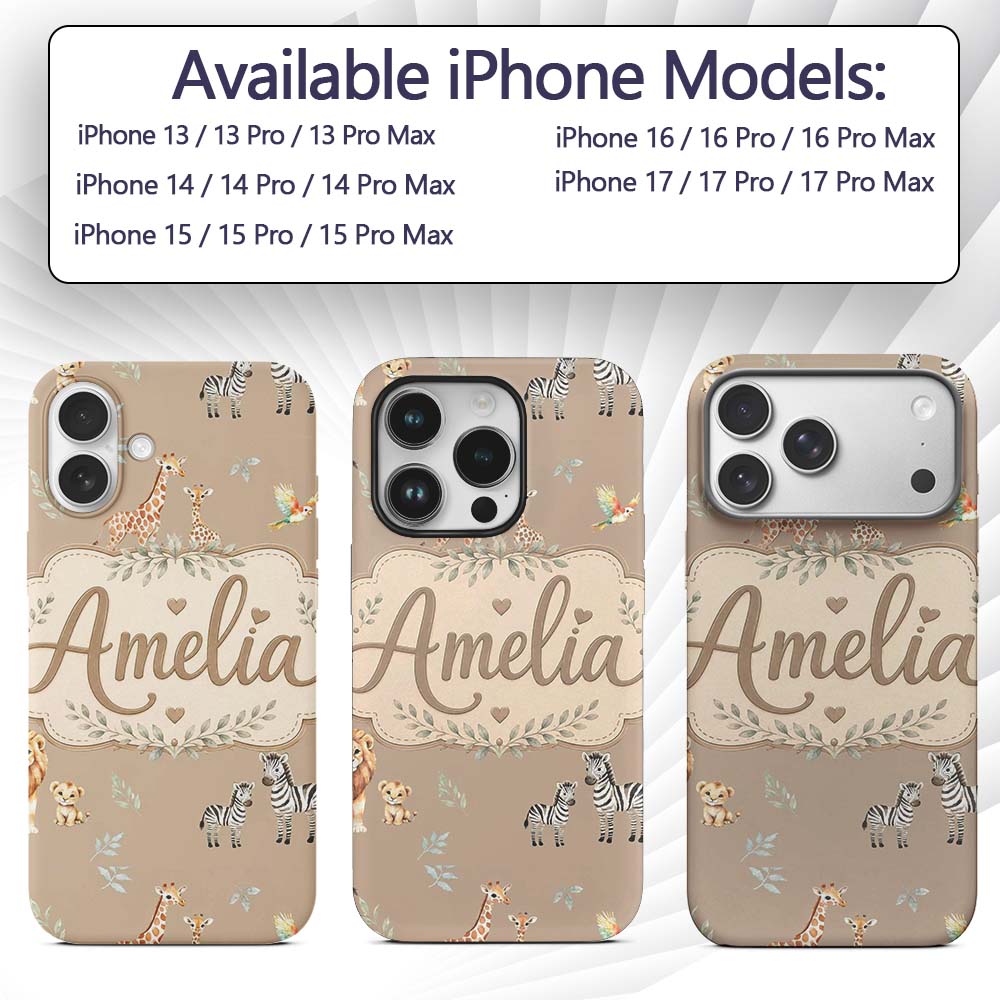 Cute Safari Animals Giraffe Lion Zebra Parrot Custom Name Protective Phone Case Mobile Cover Durable Everyday Smartphone Shock Resistant
