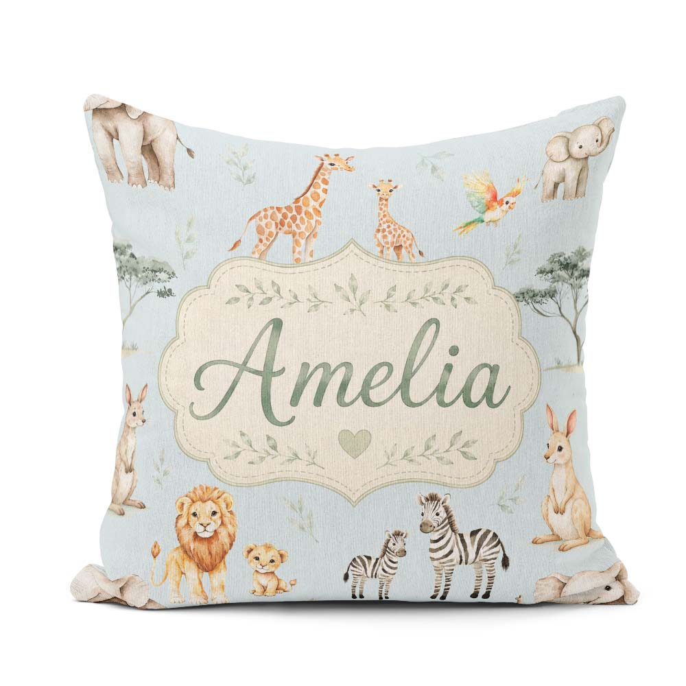Custom Name Cute Safari Animals Giraffe Lion Zebra Seamless Blue Square Filled Cushion Throw Pillow Sofa Bed Home Decor Zip Washable UK Made
