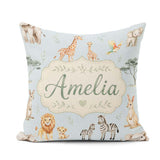 Custom Name Cute Safari Animals Giraffe Lion Zebra Seamless Blue Square Filled Cushion Throw Pillow Sofa Bed Home Decor Zip Washable UK Made