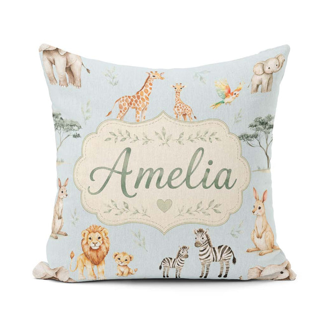 Custom Name Cute Safari Animals Giraffe Lion Zebra Seamless Blue Square Filled Cushion Throw Pillow Sofa Bed Home Decor Zip Washable UK Made