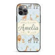 Cute Safari Animals Giraffe Lion Zebra Parrot Custom Name Protective Phone Case Mobile Cover Durable Everyday Smartphone Shock Resistant