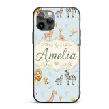 Cute Safari Animals Giraffe Lion Zebra Parrot Custom Name Protective Phone Case Mobile Cover Durable Everyday Smartphone Shock Resistant