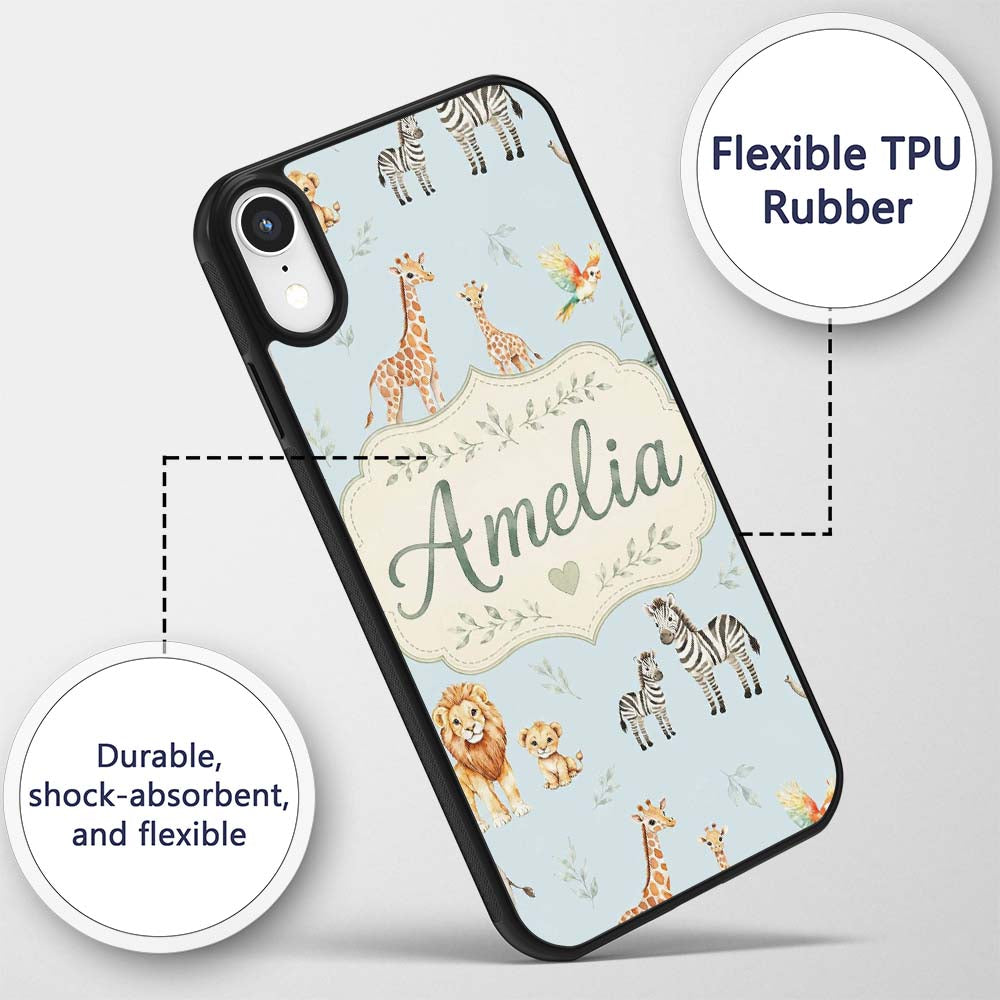 Cute Safari Animals Giraffe Lion Zebra Parrot Custom Name Protective Phone Case Mobile Cover Durable Everyday Smartphone Shock Resistant