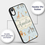 Cute Safari Animals Giraffe Lion Zebra Parrot Custom Name Protective Phone Case Mobile Cover Durable Everyday Smartphone Shock Resistant