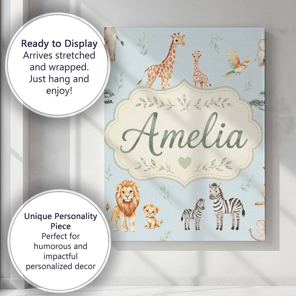 Personalised Name Cute Safari Animals Custom Modern Room Accent Creative Decorator Style Canvas Wall Art Print Decor Picture Ready to Hang