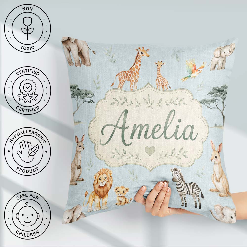 Custom Name Cute Safari Animals Giraffe Lion Zebra Seamless Blue Square Filled Cushion Throw Pillow Sofa Bed Home Decor Zip Washable UK Made