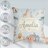 Custom Name Cute Safari Animals Giraffe Lion Zebra Seamless Blue Square Filled Cushion Throw Pillow Sofa Bed Home Decor Zip Washable UK Made