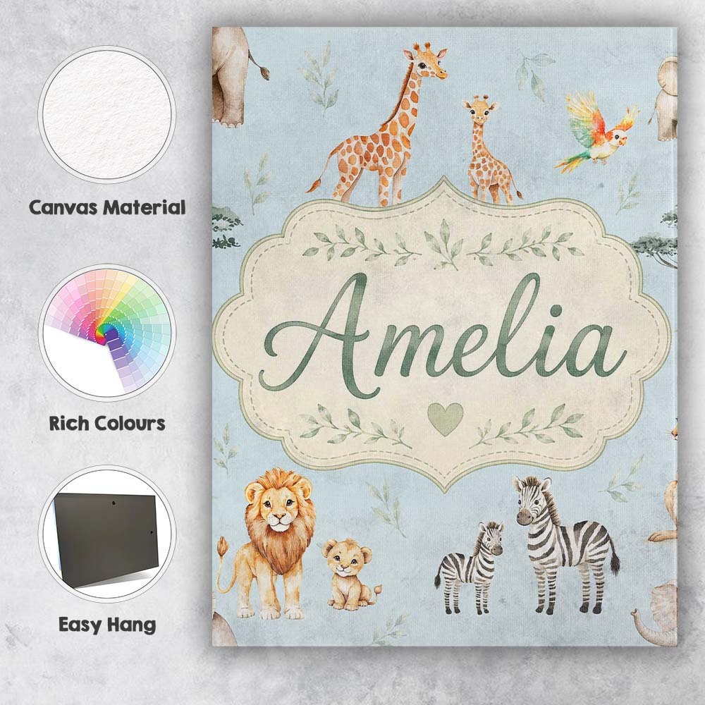 Personalised Name Cute Safari Animals Custom Modern Room Accent Creative Decorator Style Canvas Wall Art Print Decor Picture Ready to Hang