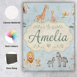 Personalised Name Cute Safari Animals Custom Modern Room Accent Creative Decorator Style Canvas Wall Art Print Decor Picture Ready to Hang