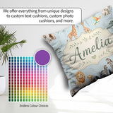 Custom Name Cute Safari Animals Giraffe Lion Zebra Seamless Blue Square Filled Cushion Throw Pillow Sofa Bed Home Decor Zip Washable UK Made
