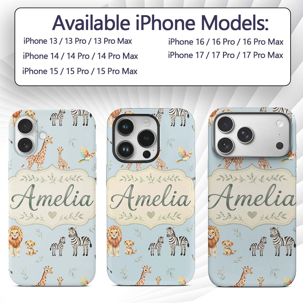 Cute Safari Animals Giraffe Lion Zebra Parrot Custom Name Protective Phone Case Mobile Cover Durable Everyday Smartphone Shock Resistant