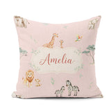Custom Name Safari Animals Giraffe Lion Zebra Pattern Blush Pink Square Filled Cushion Throw Pillow Sofa Bed Home Decor Zip Washable UK Made