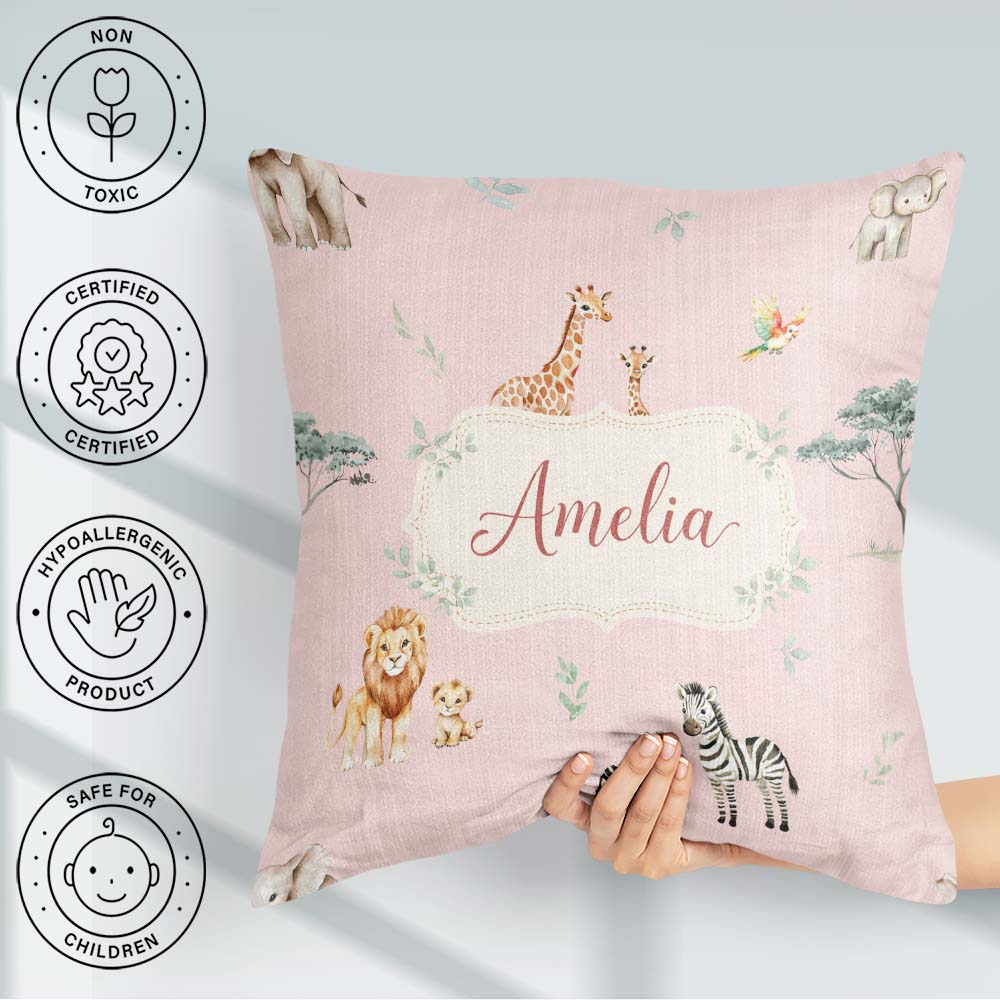 Custom Name Safari Animals Giraffe Lion Zebra Pattern Blush Pink Square Filled Cushion Throw Pillow Sofa Bed Home Decor Zip Washable UK Made