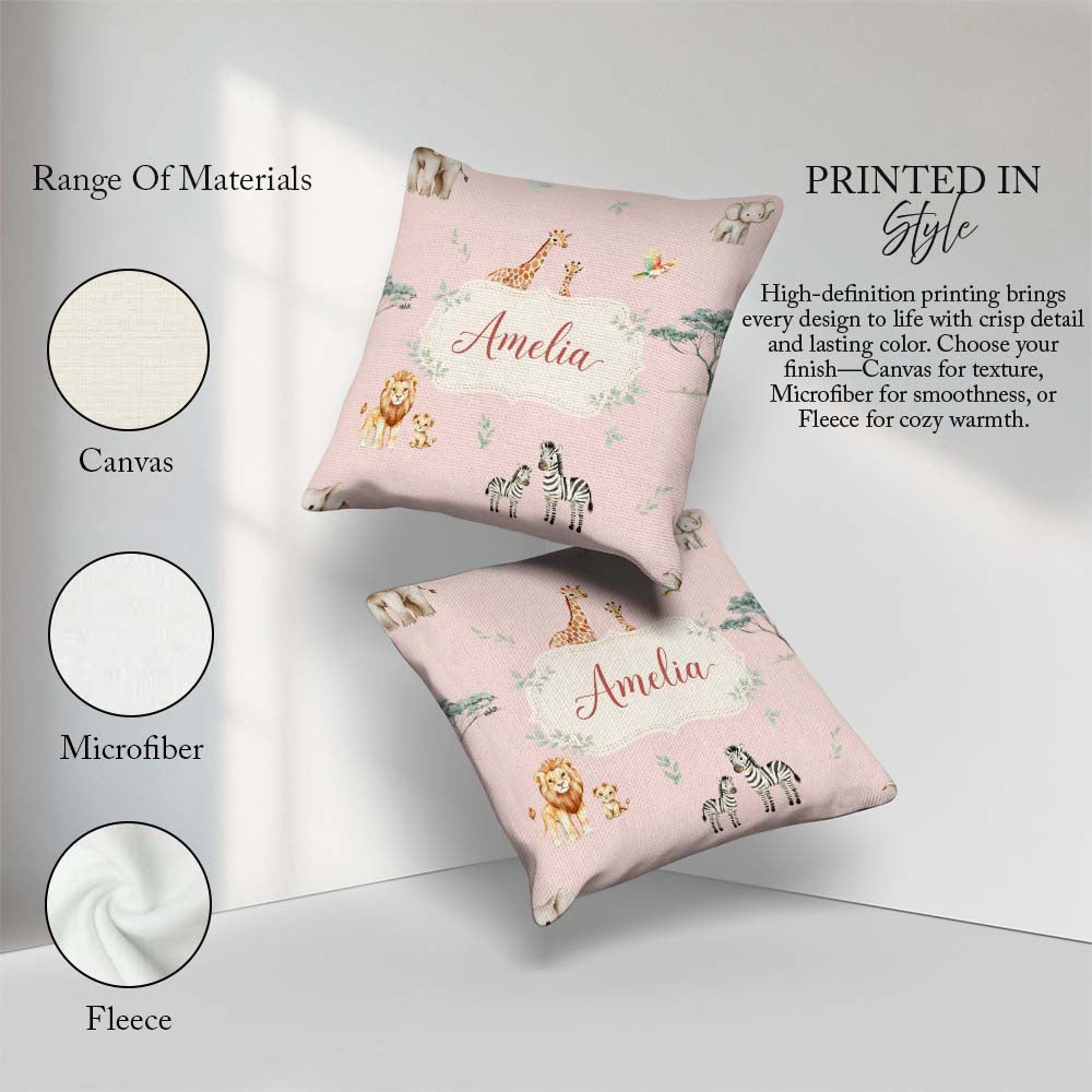 Custom Name Safari Animals Giraffe Lion Zebra Pattern Blush Pink Square Filled Cushion Throw Pillow Sofa Bed Home Decor Zip Washable UK Made