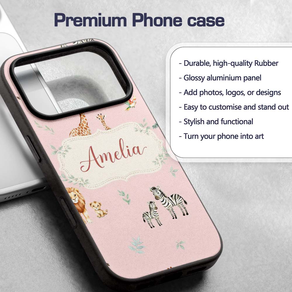 Cute Safari Animals Giraffe Lion Zebra Parrot Custom Name Protective Phone Case Mobile Cover Durable Everyday Smartphone Shock Resistant