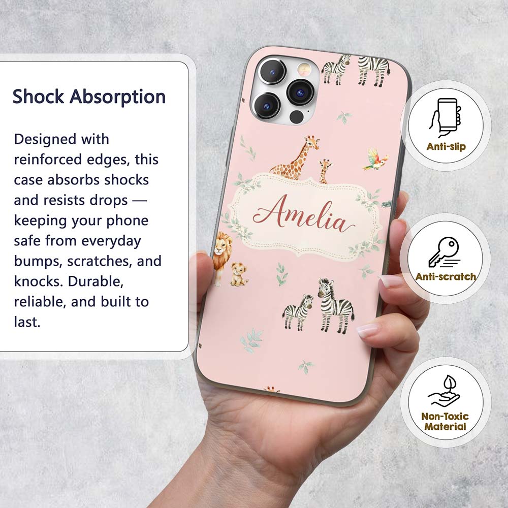 Cute Safari Animals Giraffe Lion Zebra Parrot Custom Name Protective Phone Case Mobile Cover Durable Everyday Smartphone Shock Resistant