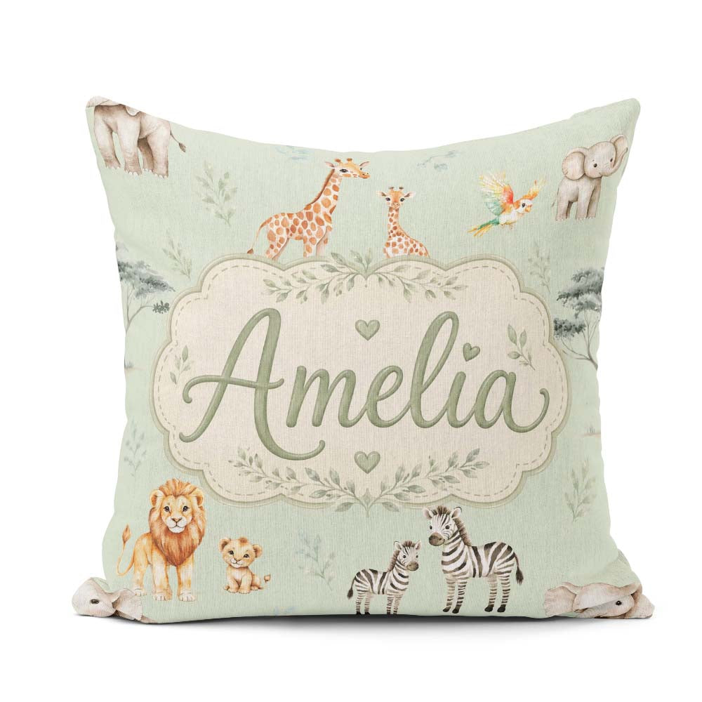 Custom Name Safari Animals Giraffe Lion Zebra Pattern Sage Green Square Filled Cushion Throw Pillow Sofa Bed Home Decor Zip Washable UK Made