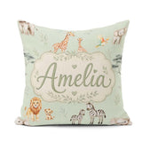 Custom Name Safari Animals Giraffe Lion Zebra Pattern Sage Green Square Filled Cushion Throw Pillow Sofa Bed Home Decor Zip Washable UK Made