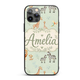 Cute Safari Animals Giraffe Lion Zebra Parrot Custom Name Protective Phone Case Mobile Cover Durable Everyday Smartphone Shock Resistant