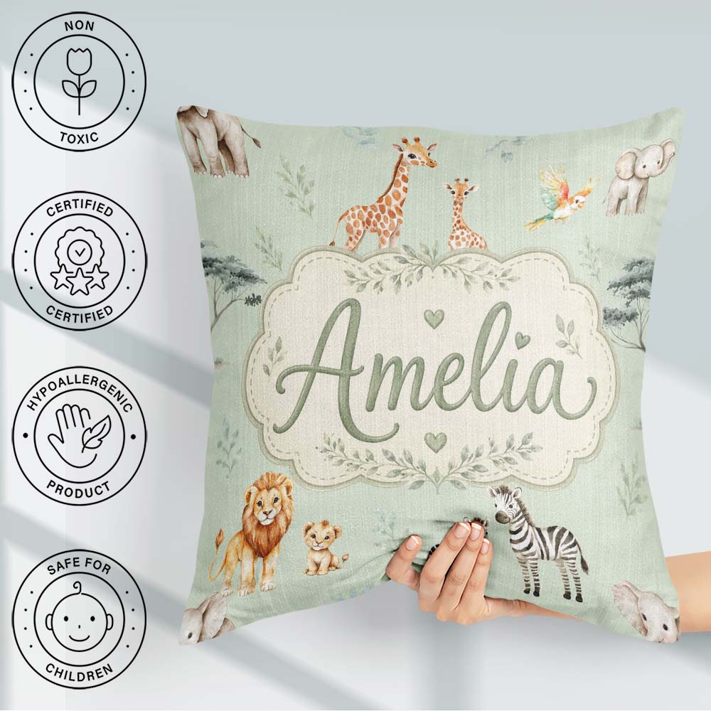 Custom Name Safari Animals Giraffe Lion Zebra Pattern Sage Green Square Filled Cushion Throw Pillow Sofa Bed Home Decor Zip Washable UK Made