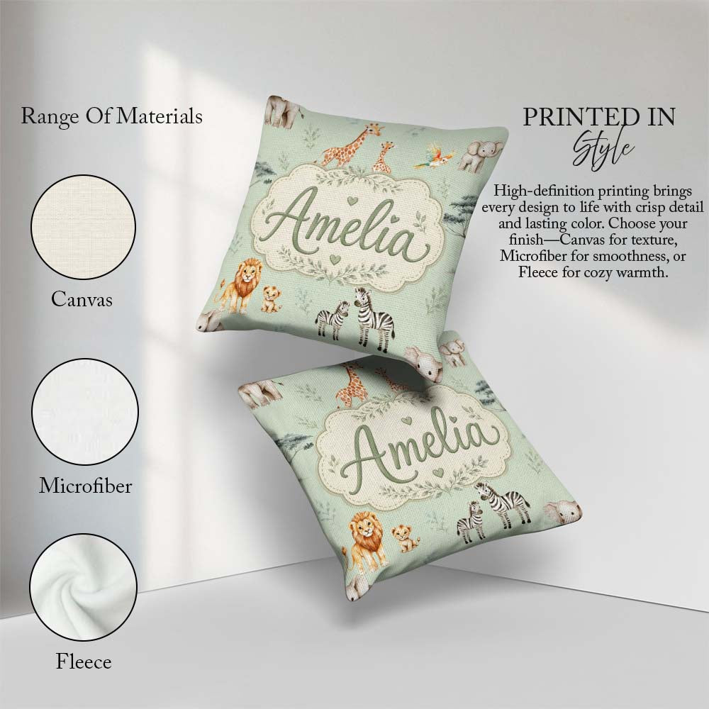 Custom Name Safari Animals Giraffe Lion Zebra Pattern Sage Green Square Filled Cushion Throw Pillow Sofa Bed Home Decor Zip Washable UK Made