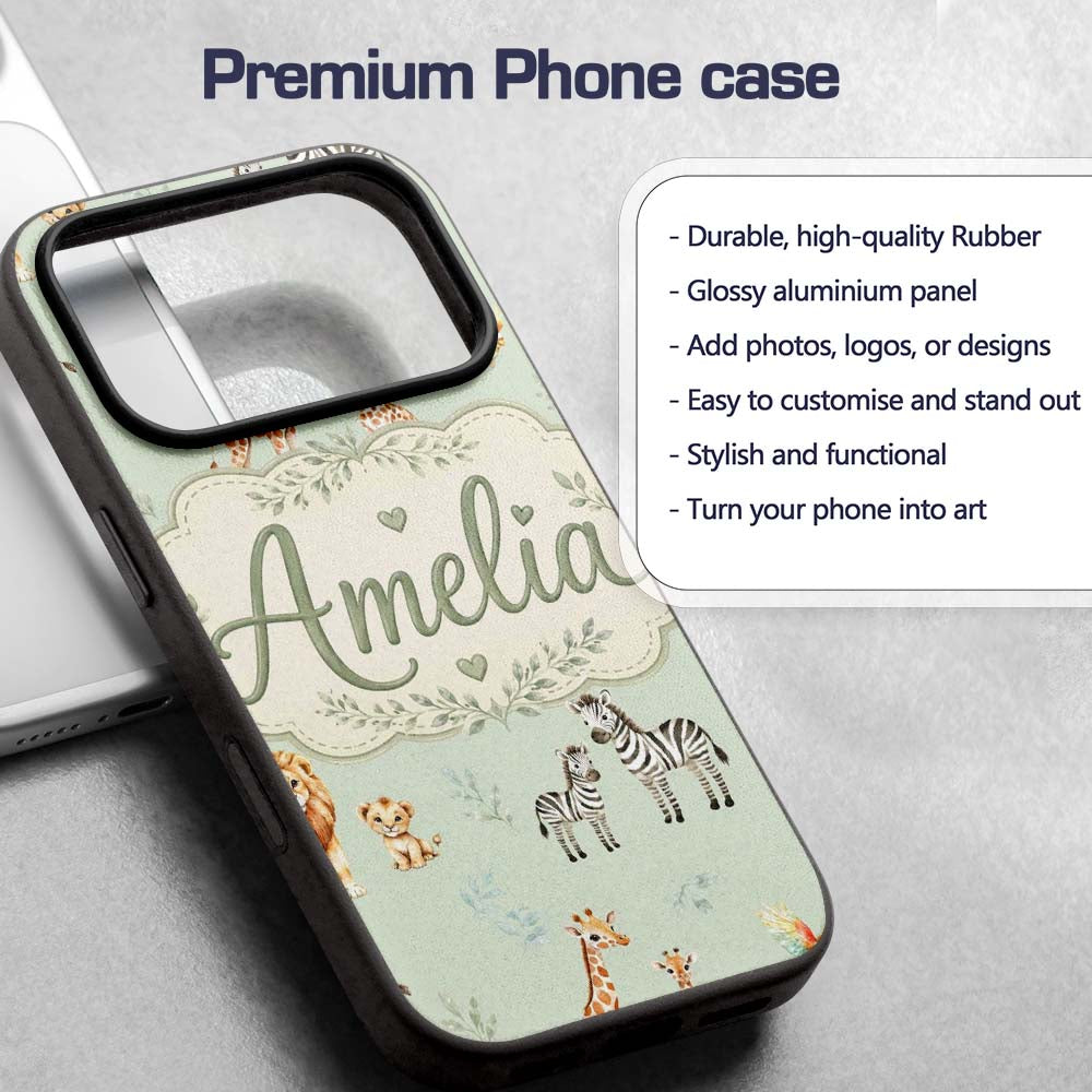 Cute Safari Animals Giraffe Lion Zebra Parrot Custom Name Protective Phone Case Mobile Cover Durable Everyday Smartphone Shock Resistant