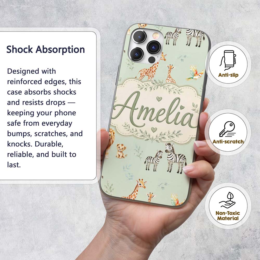 Cute Safari Animals Giraffe Lion Zebra Parrot Custom Name Protective Phone Case Mobile Cover Durable Everyday Smartphone Shock Resistant