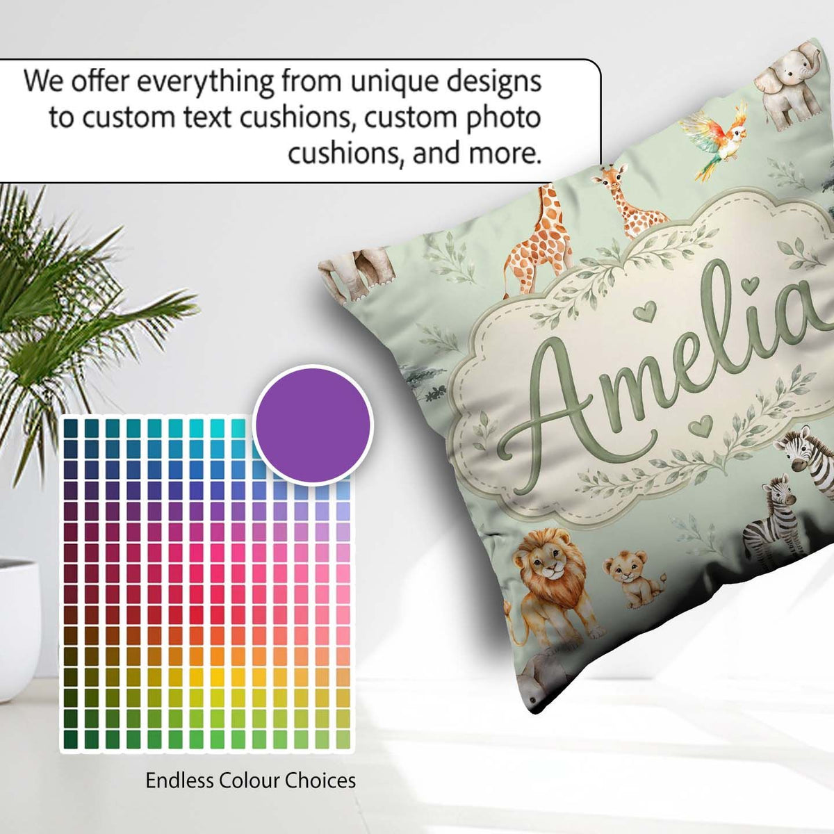 Custom Name Safari Animals Giraffe Lion Zebra Pattern Sage Green Square Filled Cushion Throw Pillow Sofa Bed Home Decor Zip Washable UK Made