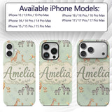 Cute Safari Animals Giraffe Lion Zebra Parrot Custom Name Protective Phone Case Mobile Cover Durable Everyday Smartphone Shock Resistant