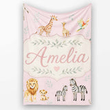 Cute Safari Animals Giraffe Lion Zebra Parrot Seamless Pattern Mauve  Personalised Custom Name Super Soft Fleece Blanket Bed Sofa Throw
