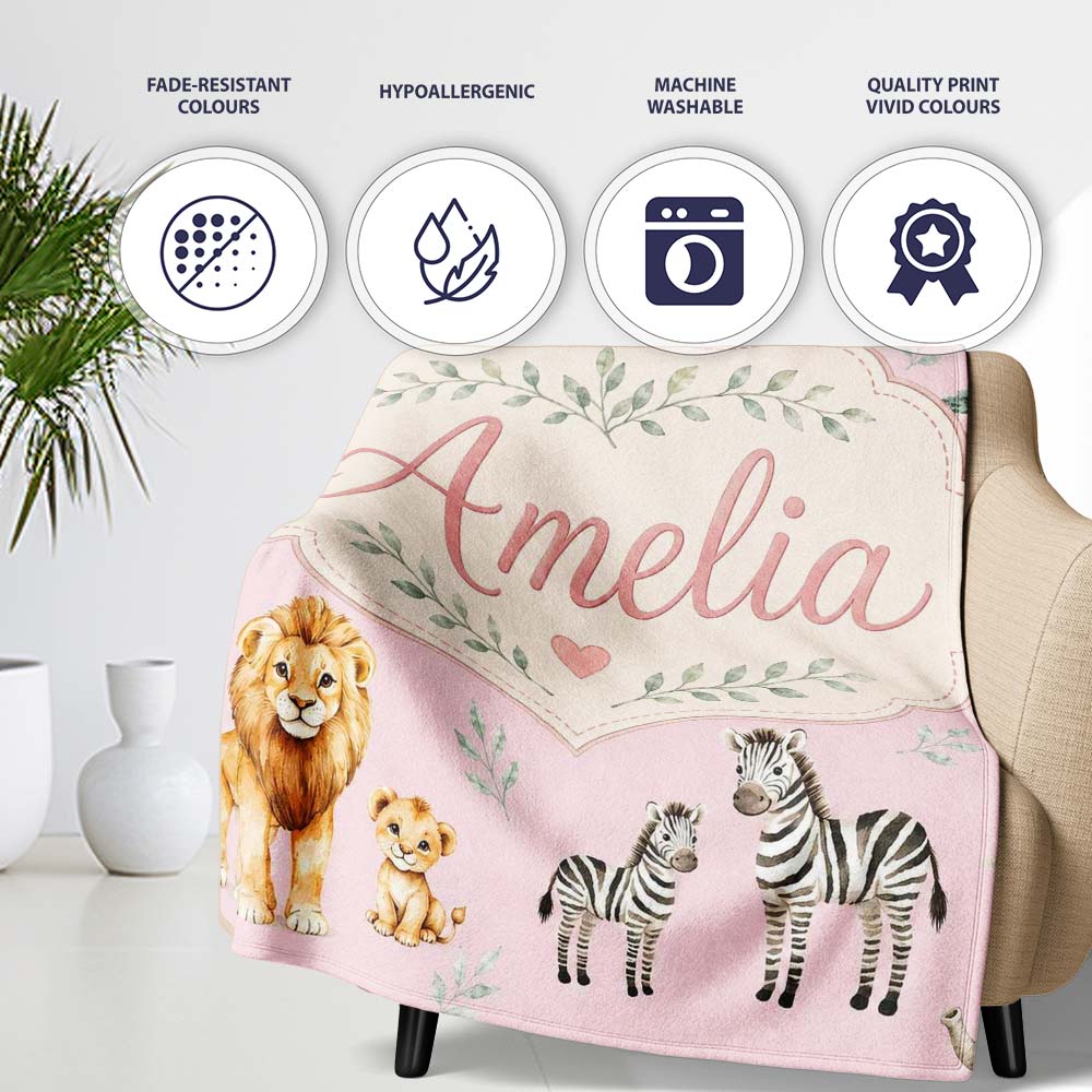 Cute Safari Animals Giraffe Lion Zebra Parrot Seamless Pattern Mauve  Personalised Custom Name Super Soft Fleece Blanket Bed Sofa Throw