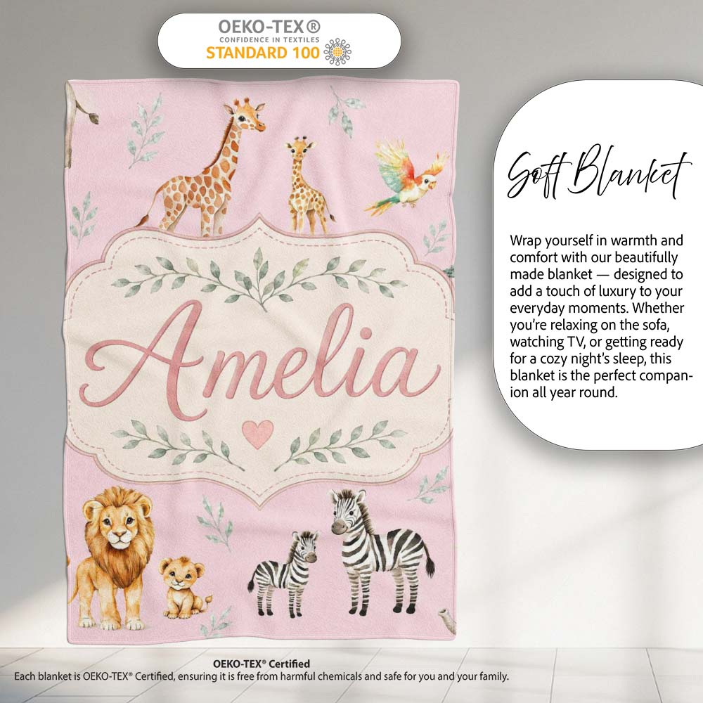 Cute Safari Animals Giraffe Lion Zebra Parrot Seamless Pattern Mauve  Personalised Custom Name Super Soft Fleece Blanket Bed Sofa Throw