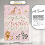 Cute Safari Animals Giraffe Lion Zebra Parrot Seamless Pattern Mauve  Personalised Custom Name Super Soft Fleece Blanket Bed Sofa Throw