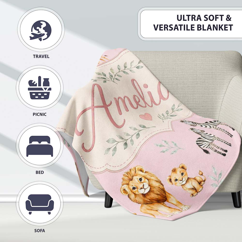 Cute Safari Animals Giraffe Lion Zebra Parrot Seamless Pattern Mauve  Personalised Custom Name Super Soft Fleece Blanket Bed Sofa Throw