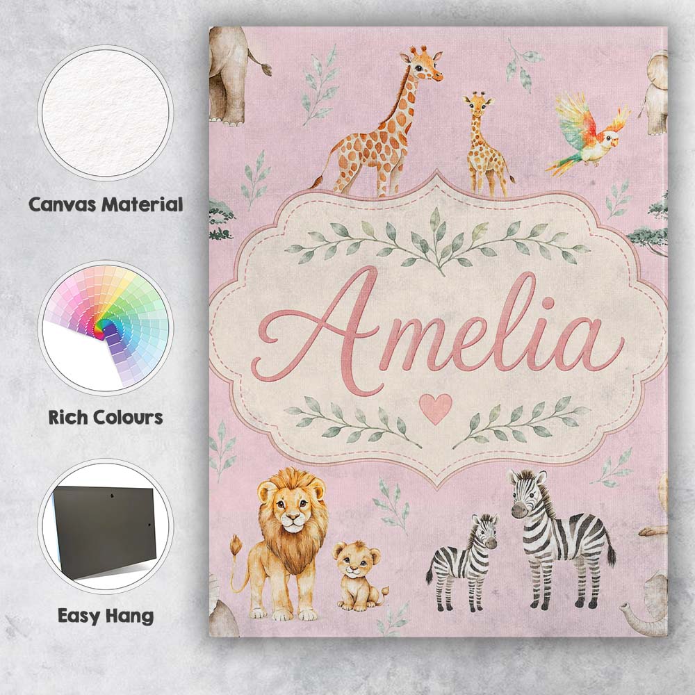 Personalised Name Cute Safari Animals Custom Modern Room Accent Creative Decorator Style Canvas Wall Art Print Decor Picture Ready to Hang