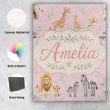 Personalised Name Cute Safari Animals Custom Modern Room Accent Creative Decorator Style Canvas Wall Art Print Decor Picture Ready to Hang
