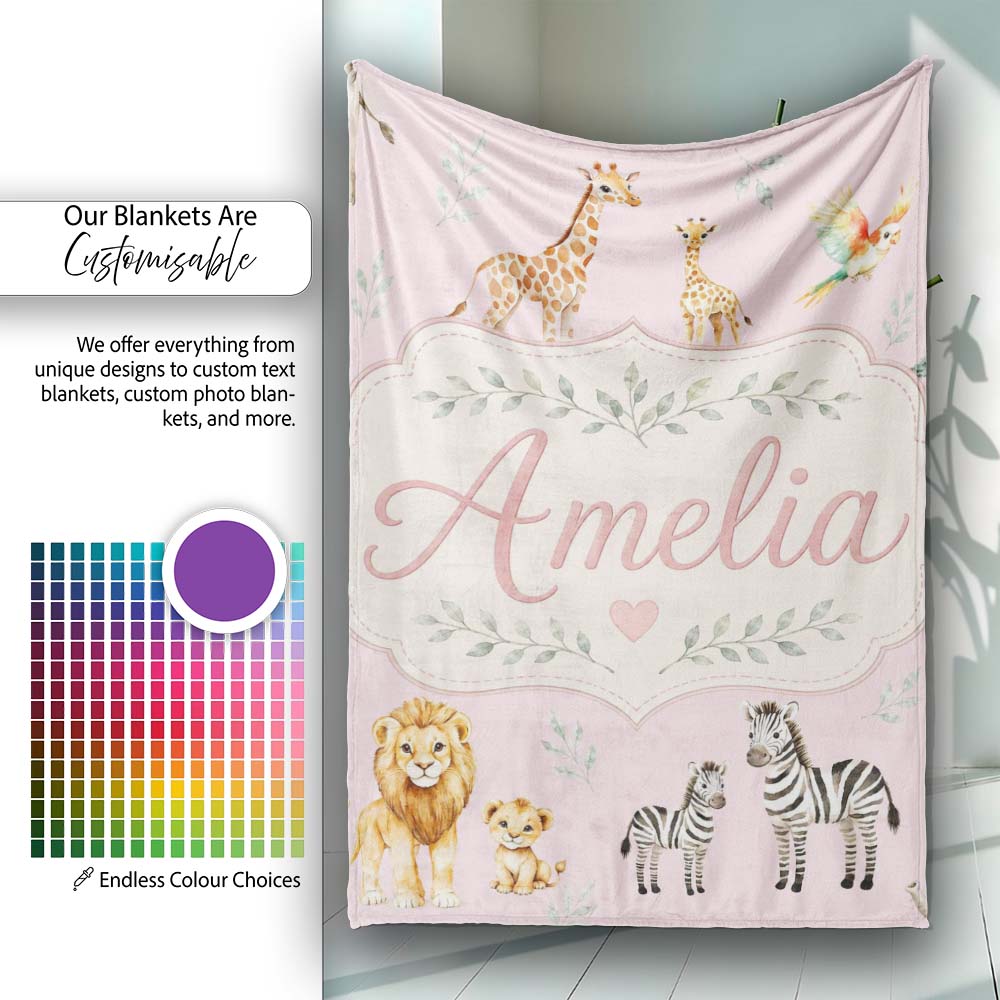 Cute Safari Animals Giraffe Lion Zebra Parrot Seamless Pattern Mauve  Personalised Custom Name Super Soft Fleece Blanket Bed Sofa Throw