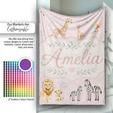 Cute Safari Animals Giraffe Lion Zebra Parrot Seamless Pattern Mauve  Personalised Custom Name Super Soft Fleece Blanket Bed Sofa Throw