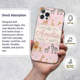 Cute Safari Animals Giraffe Lion Zebra Parrot Custom Name Protective Phone Case Mobile Cover Durable Everyday Smartphone Shock Resistant