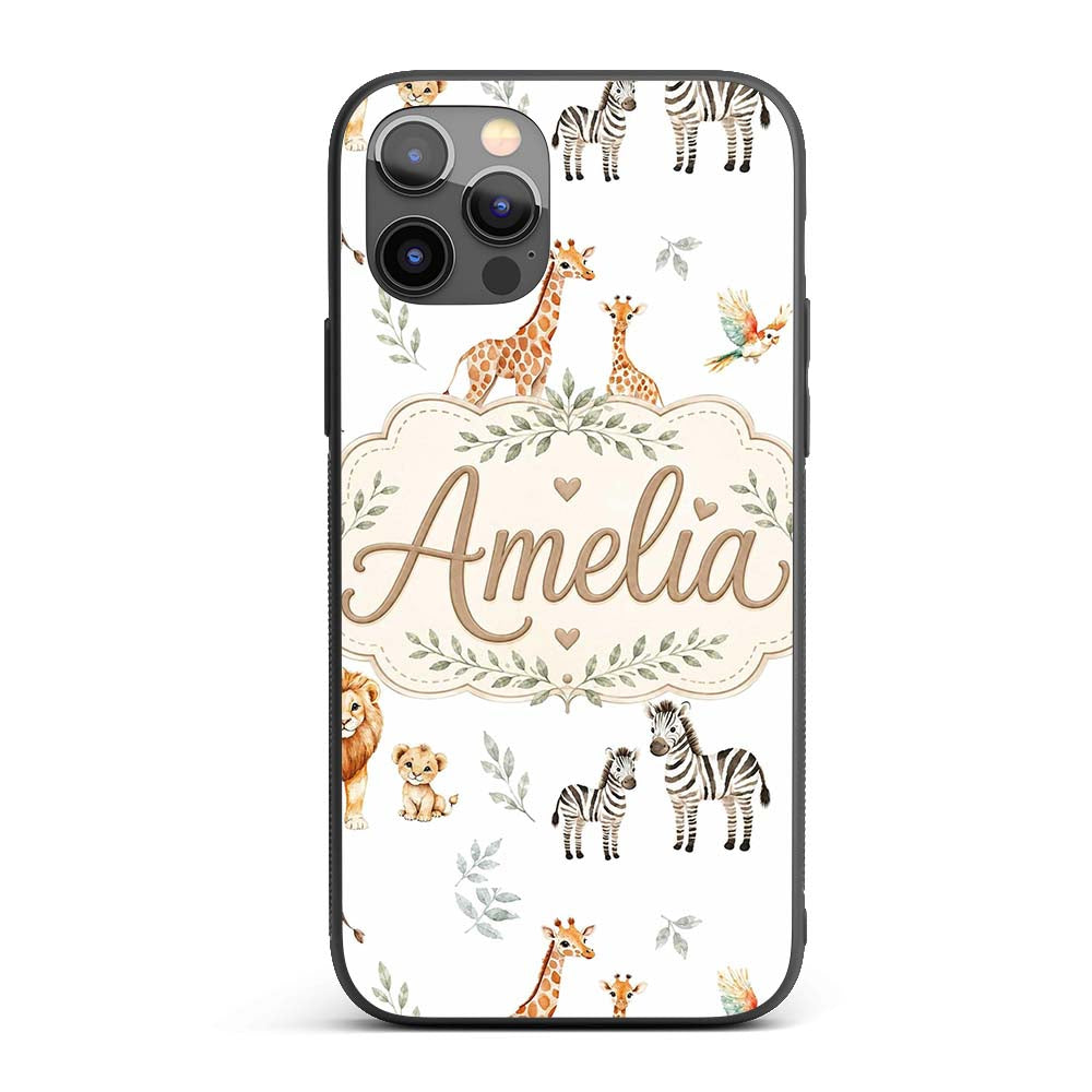 Cute Safari Animals Giraffe Lion Zebra Parrot Custom Name Protective Phone Case Mobile Cover Durable Everyday Smartphone Shock Resistant