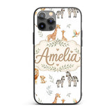 Cute Safari Animals Giraffe Lion Zebra Parrot Custom Name Protective Phone Case Mobile Cover Durable Everyday Smartphone Shock Resistant