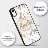 Cute Safari Animals Giraffe Lion Zebra Parrot Custom Name Protective Phone Case Mobile Cover Durable Everyday Smartphone Shock Resistant