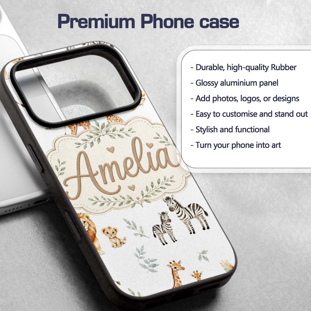 Cute Safari Animals Giraffe Lion Zebra Parrot Custom Name Protective Phone Case Mobile Cover Durable Everyday Smartphone Shock Resistant
