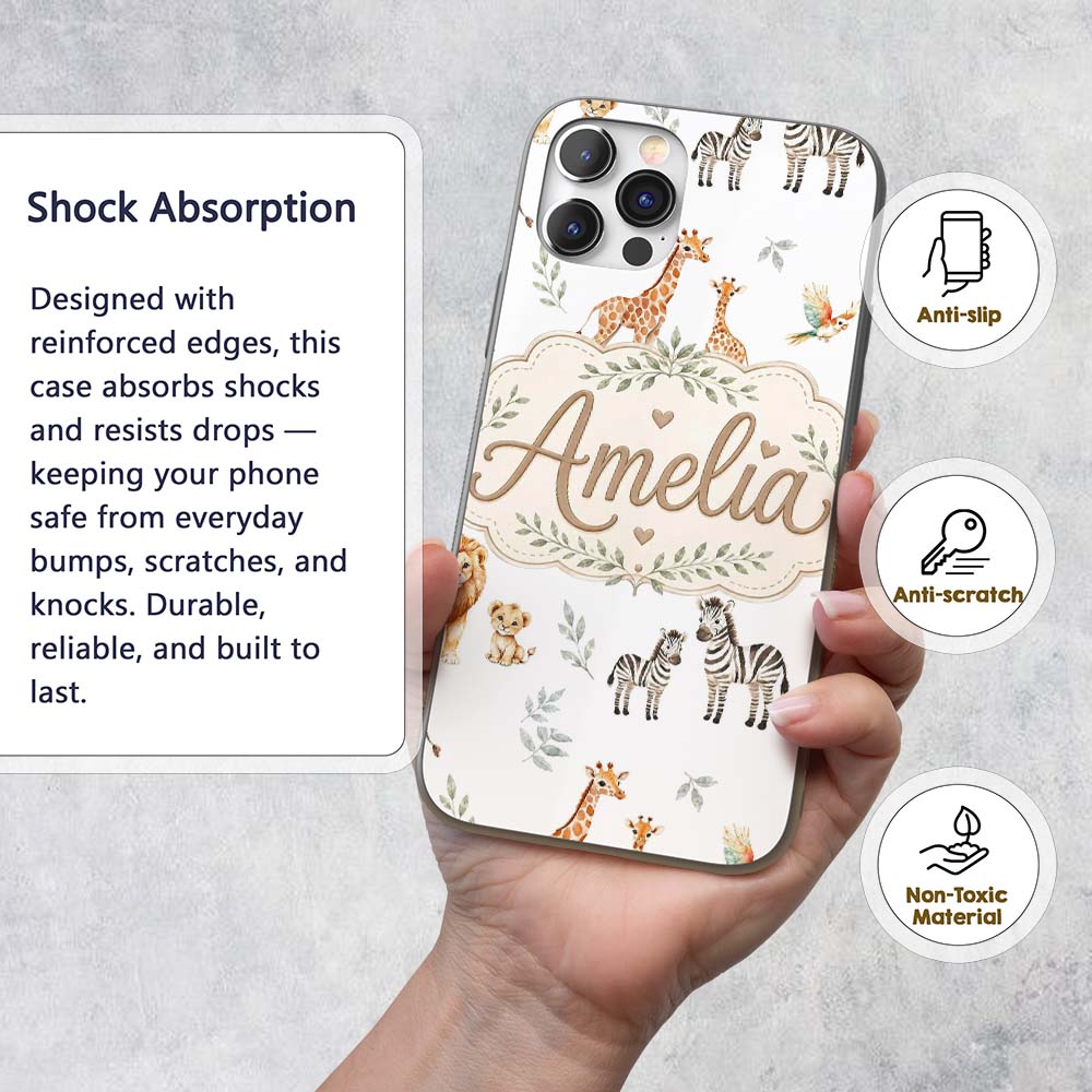 Cute Safari Animals Giraffe Lion Zebra Parrot Custom Name Protective Phone Case Mobile Cover Durable Everyday Smartphone Shock Resistant