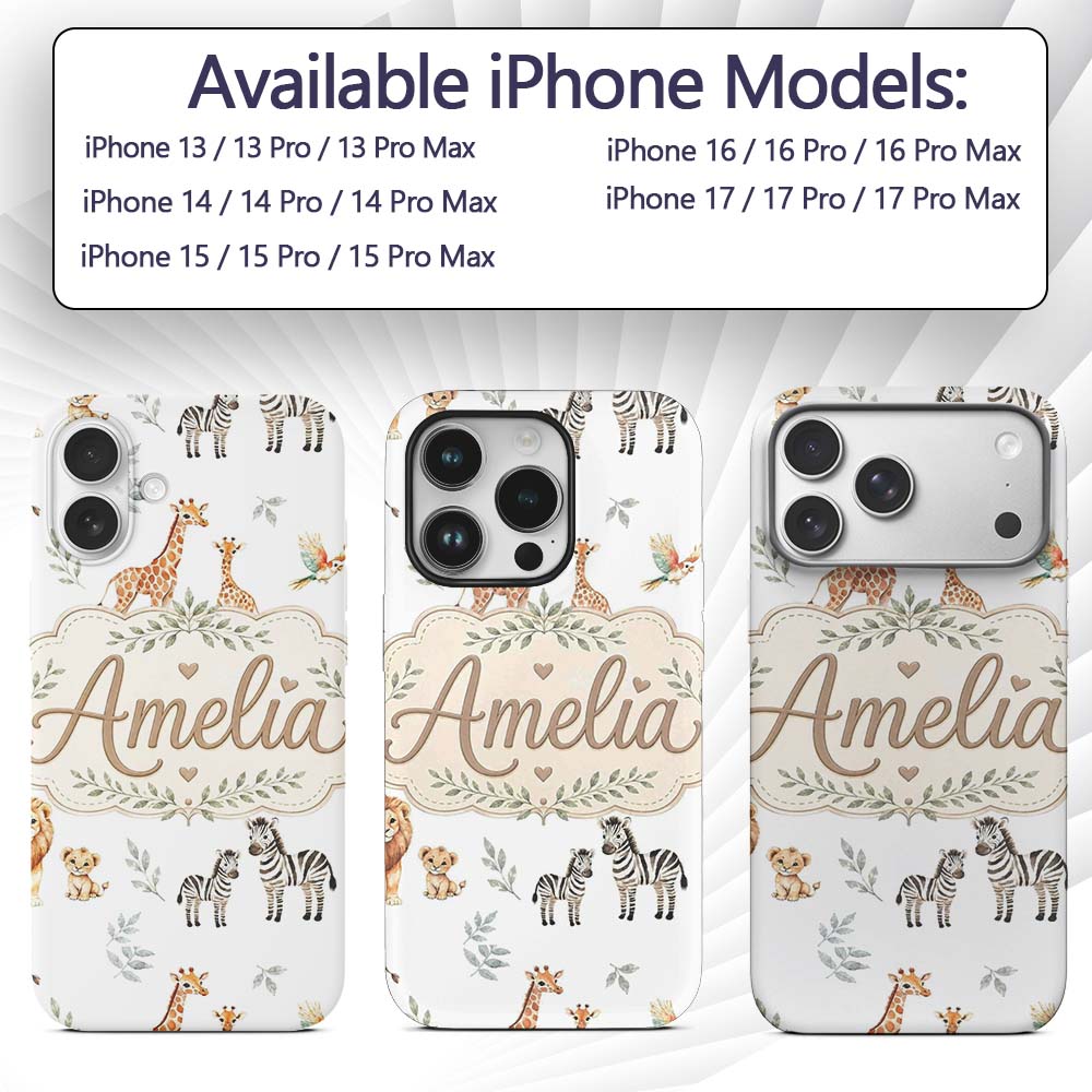 Cute Safari Animals Giraffe Lion Zebra Parrot Custom Name Protective Phone Case Mobile Cover Durable Everyday Smartphone Shock Resistant